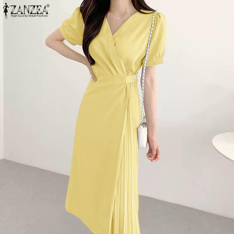 ZANZEA Elegant Women Short Sleeve Side Button Waist Pleated Casual Midi Office Dress