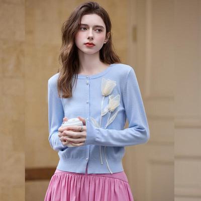 Elegant 3D Floral Pearl Button Knit Cardigan