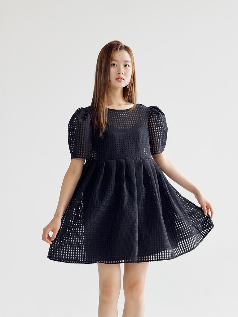 BOMNAL BOUTIQUE Checked Voluminous Mini Dress _ Black