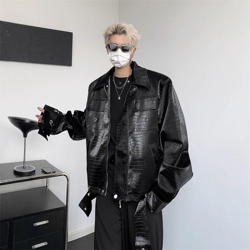 Crocodile Pattern Shoulder Padded Jacket Design Sense Niche European and American Hiphop Jacket Men's High-end Sense Retro Leather Jacket