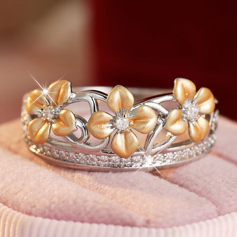 Vintage Inlaid White CZ Flower Women's Ring Trendy Two Color Geometry Daily Wear Party Jewelry Anniversary Gift