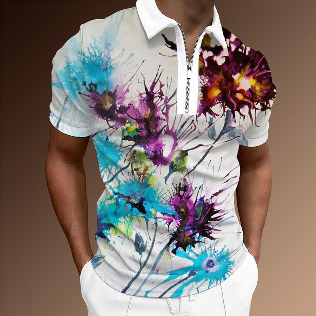 Abstract Print Short Sleeve Polo Shirt, Half-Zip Casual Wear