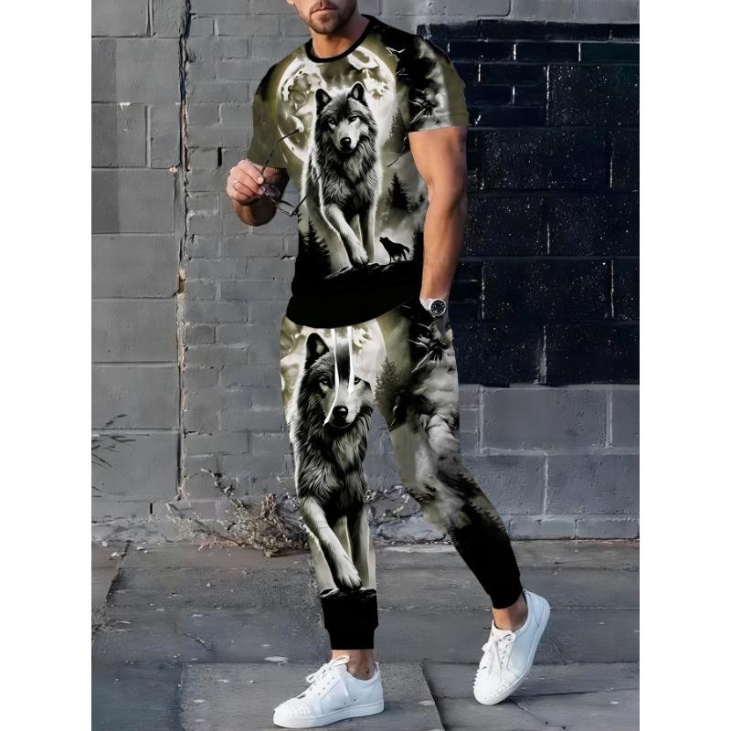 Men's short-sleeved long pants sports suit | Elegant casual round neck | Stretchable knitted 3D print | Regular fit two-piece set