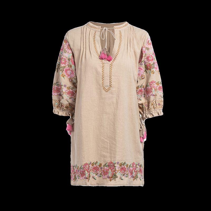 

Платье с рукавами-фонариками, вышивкой, V-образным вырезом и кисточками, свободного кроя. Европейская и американская мода. Женская одежда. Отпускная юбка. Клетчатая юбка из хлопка и льна. Apricot S