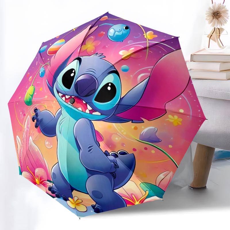 1pc Sturdy 8-Bone Auto Umbrella, Girl With Stitch Floral Pastel Umbrella, Digital Printed, Foldable Umbrella for On-the-Go Outdoor Use