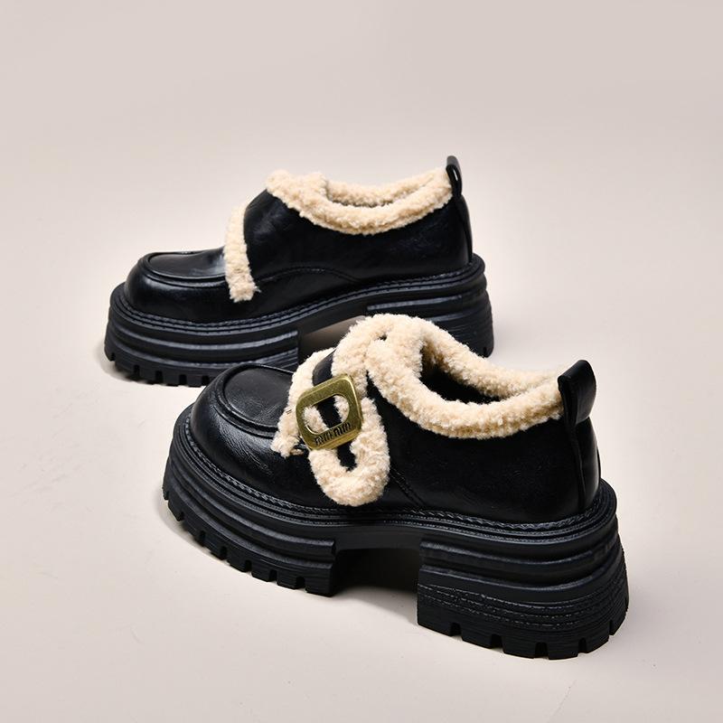 British Style Velvet Loafers Cotton Shoes for Women's 2025 Autumn and Winter New Thick-soled Thick-heeled Retro Fluffy Mary Jane Small Leather Shoes