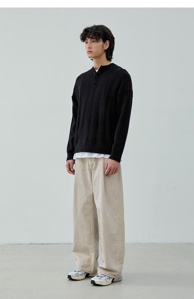 NODU Soft Henley Neck Round Long Sleeve Knit [Black]