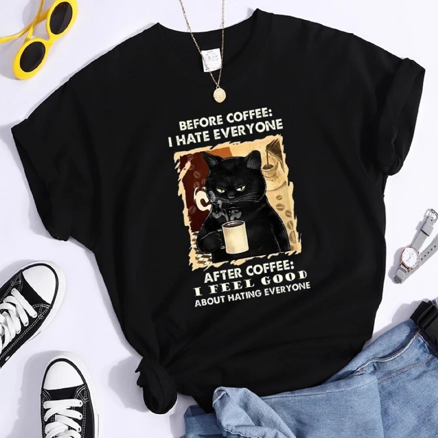 До кофе у меня все есть. После кофе я чувствую себя хорошо, что у меня все есть. Женская футболка. Шикарная футболка. Мягкие футболки. Повседневный бренд. Топы. S