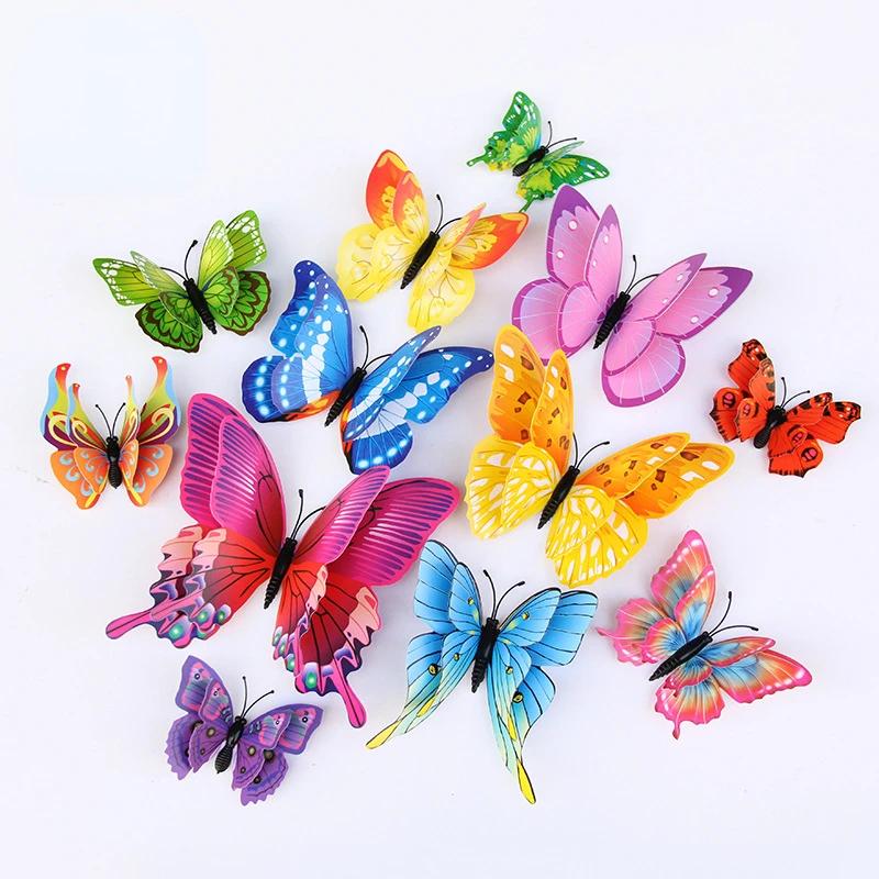 12PCs Fridge Magnets Butterfly Vibrant Color Double-layered Butterfly Wall Stickers Art Deco Crafts For Home Party Decorations