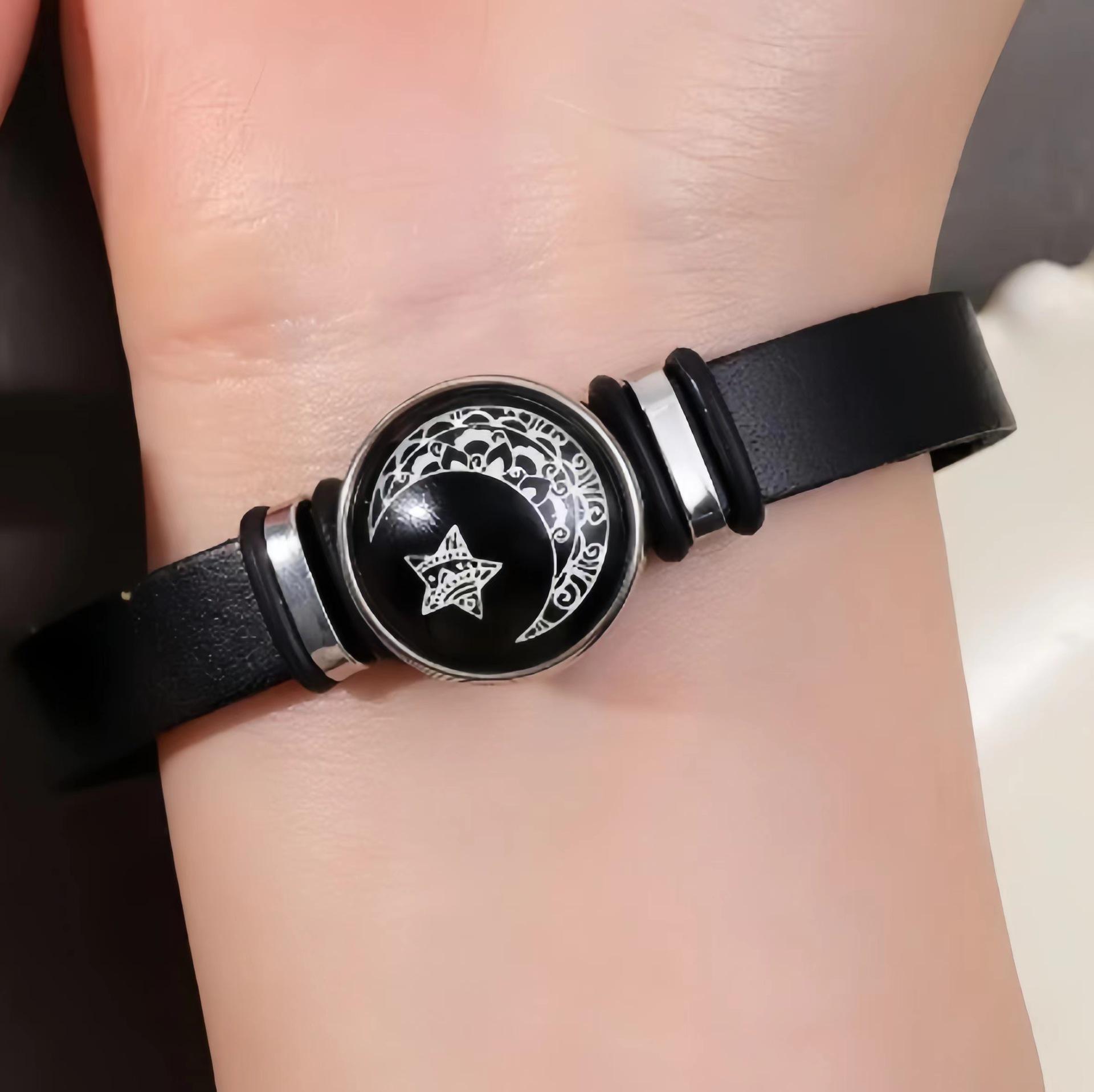 

European Leather Bracelet with Luminous Star, Sun, and Moon Beaded Design