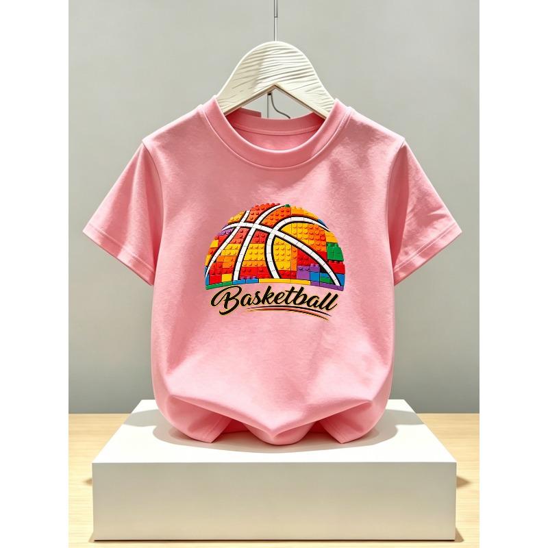 Boys Crewneck Short Sleeve T-Shirt, Creative Building Block Rainbow Basketball Print