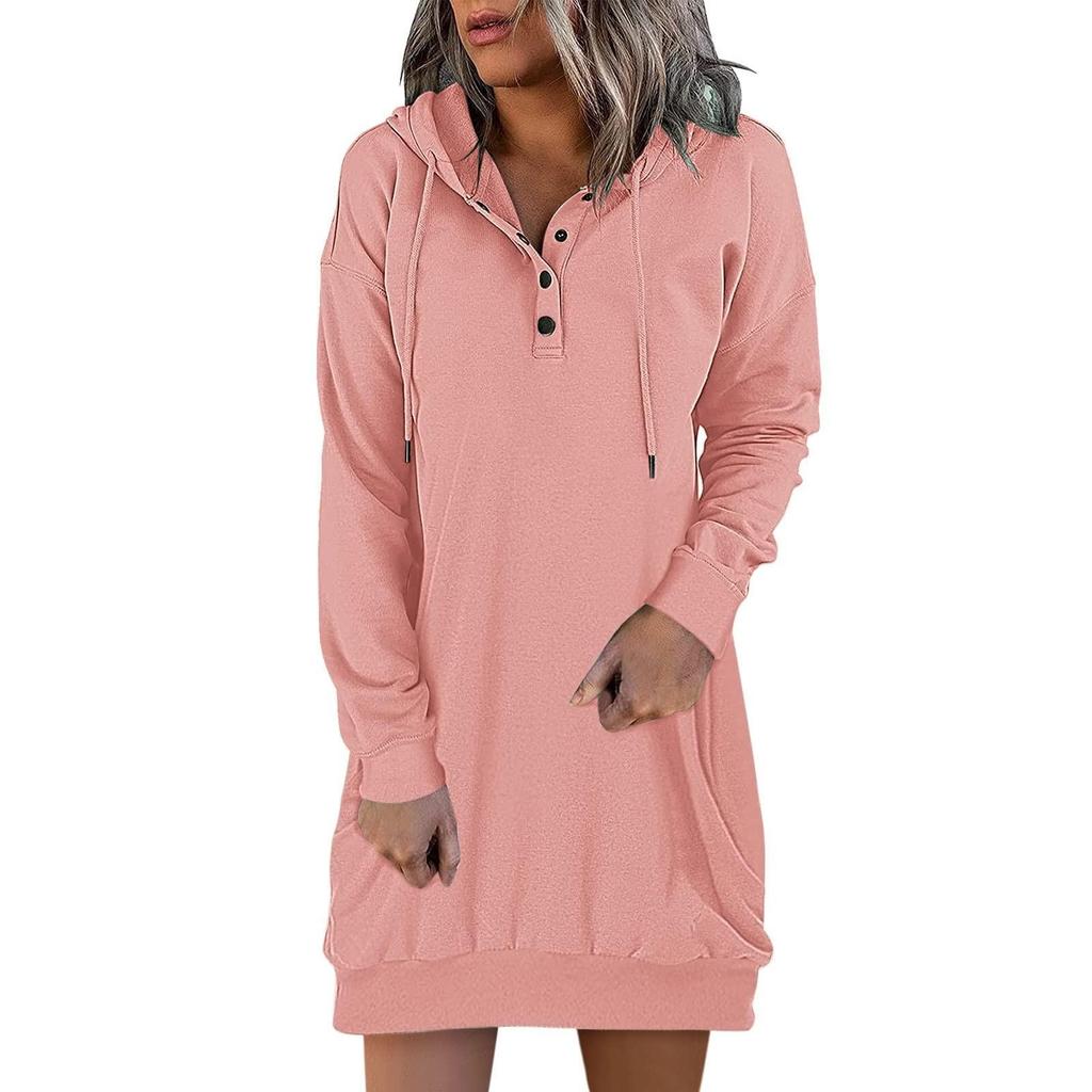 Damen Kleider Langarm Kordelzug Pullover Top Kleid Casual Hoodie Pullover Kleid Kleider