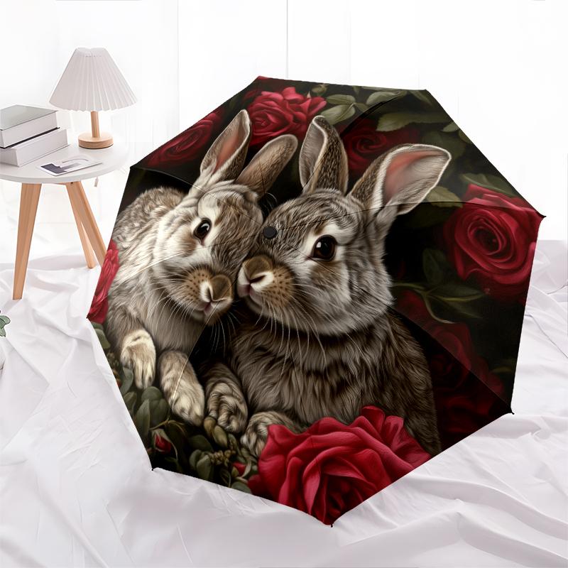 Rabbit and Flowers pattern, automatic folding umbrella, portable and foldable design, 8 ribs, a Christmas or birthday gift.