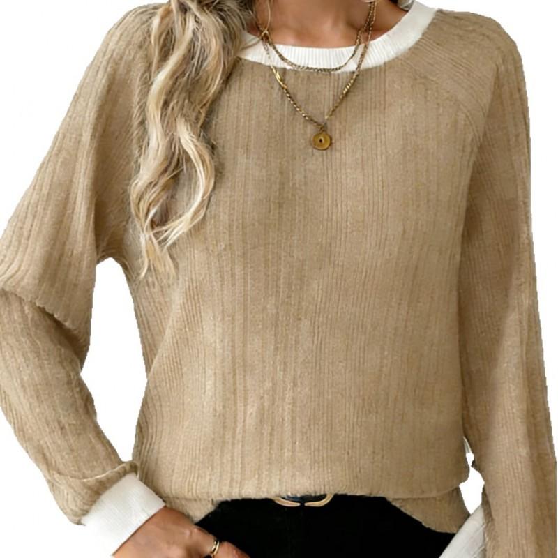 Womens Knit Sweater Round Neck Loose Fit Long Sleeve Pullover Slim Solid Color Fall Winter Top