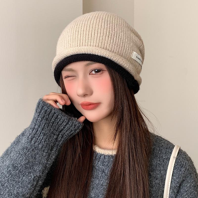 Drawstring Rolled Edge Woolen Hat for Women High End Striped Pile Hat Autumn and Winter Versatile Casual Warm Knitted Hat Baotou Hat