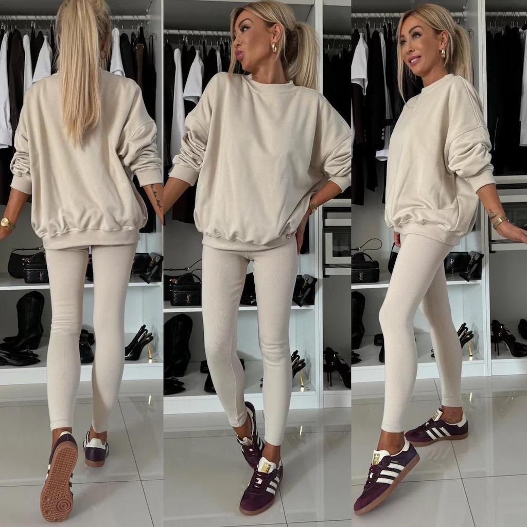 2024 Trending Women's Solid Color Round Neck Sweatshirt and Skinny Long Pants Two-Piece Set