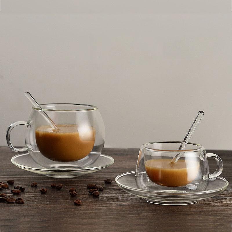 180/250ml Double-Walled Glass Coffee Cup With Spoon Clear Heat-Resistant Milk Espresso Mug With Dessert Saucer Glass Cup Set