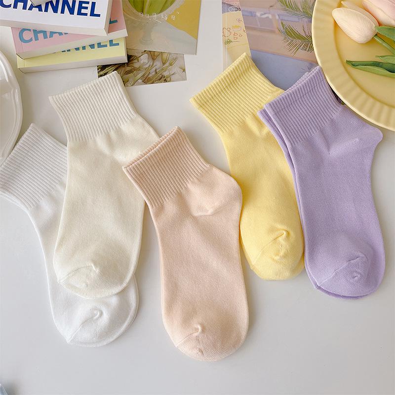 Zhuji Women's Spring-Autumn Macaron Mid-Calf Socks - Cute, Solid Color, Academy Style