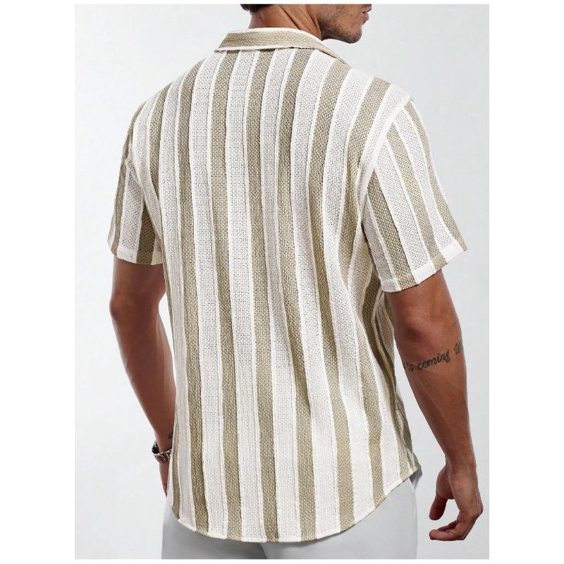 Men Vertical Stripe Hollow Out Cuban Collar Short Sleeve Loose Casual Button Down Shirt