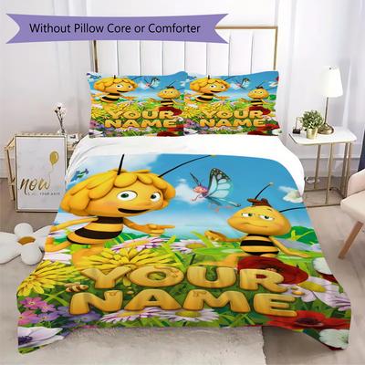 Benutzerdefinierter Name Bienen und Maya Bettwäsche, Steppdecken-Set Bettbezug Kissenbezug Zuhause Geburtstagsgeschenk(1 Bettbezug + 2 Kissenbezüge, ohne Füllung)_xia