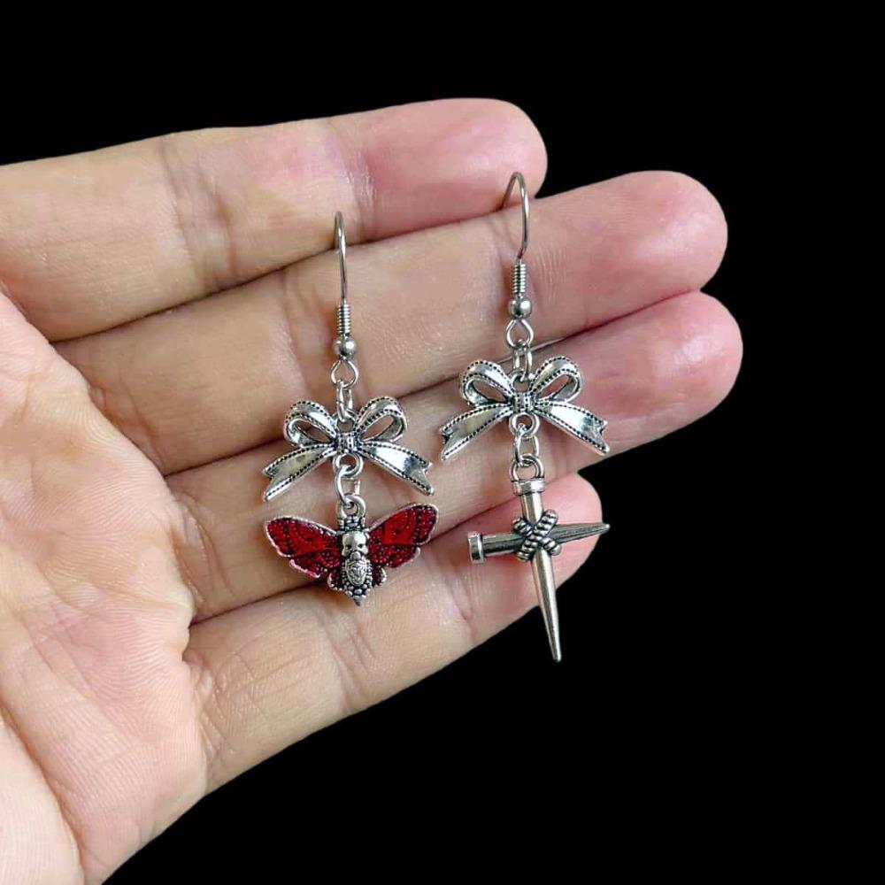 Gothic Sliver Color Stainless Steel Bowknot Nail-cross Moth Skull Head Asymmetric Dangle Earrings for Women Halloween Jewelry