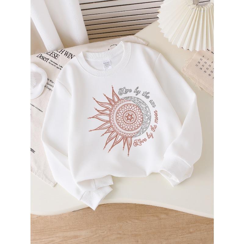 Girls' Long-Sleeve Casual Crewneck Sweatshirt | 2026 New, Composite Fabric with Slight Stretch, Random Print, Crew Neck