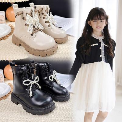 Herbst 2025 Mädchen Beaded Bow Martin Boots - Kurze Leder Mode Stiefel für Kleine Mädchen
