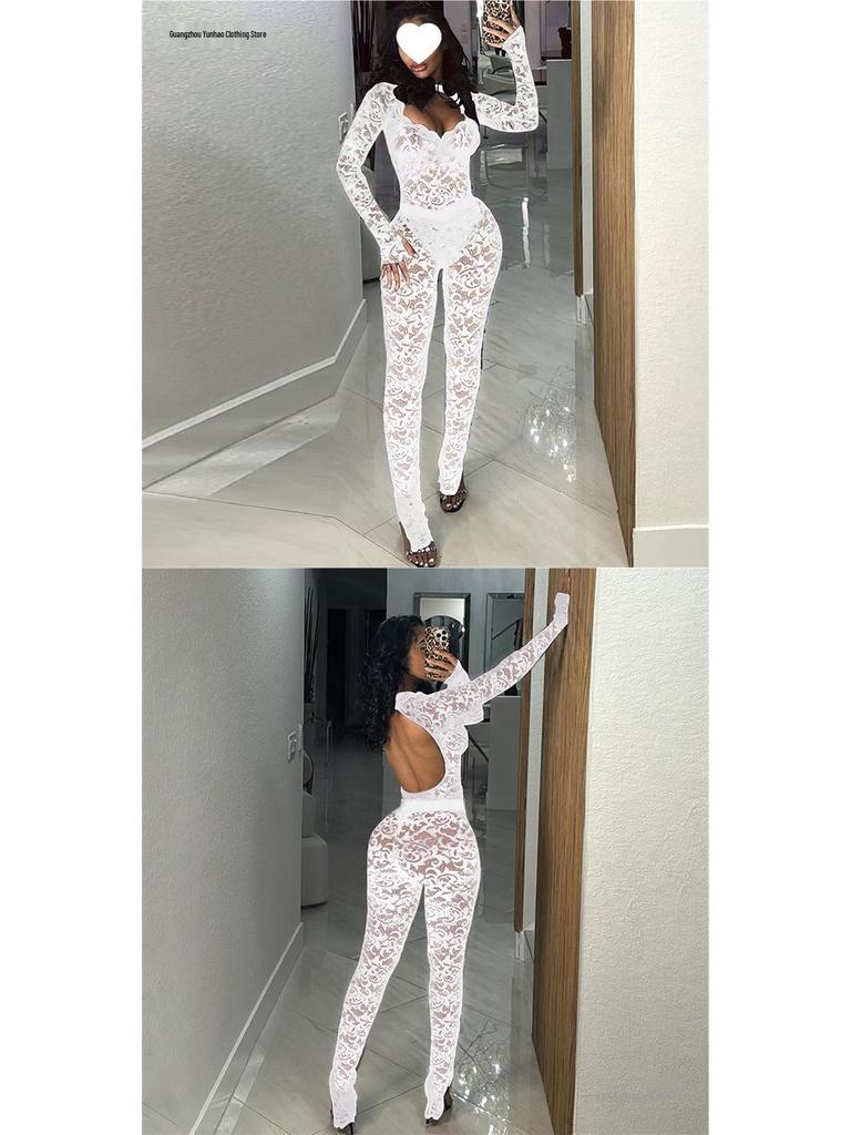 European & American Style 2026 Autumn Street Hot Girl Lace See-through Tight-fitting Pants Set