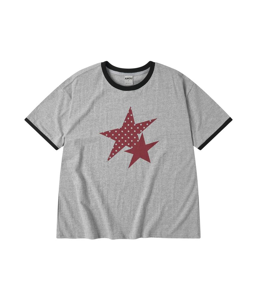 AMOU Two Star Ringer T-Shirts Gray