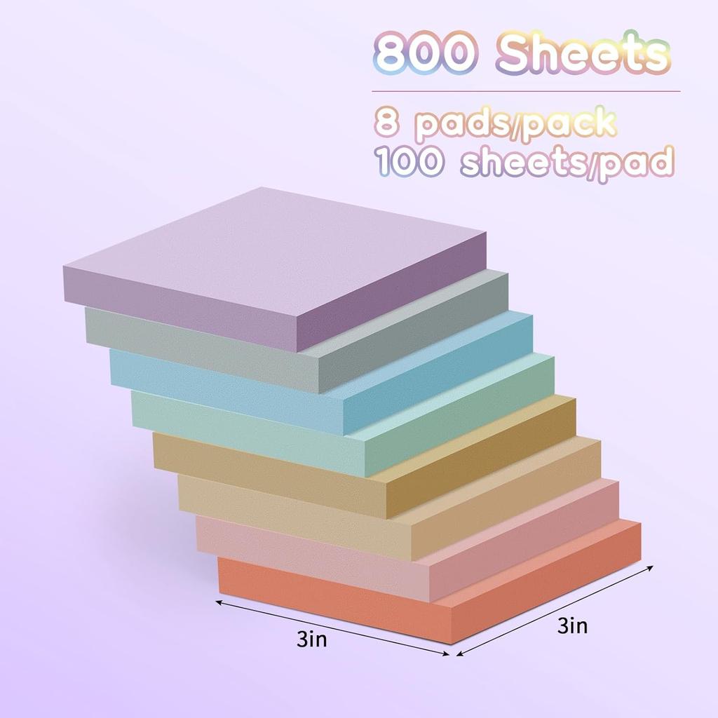 EOOUT 3x3 Inch Super Sticky Notes, 8 Pads (800 Sheets) Pastel Colors, Ink-Proof Self-Stick Notes for Office, Home &School