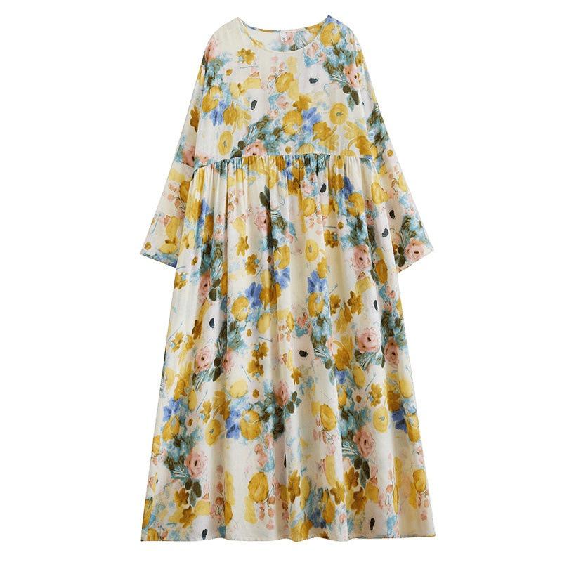 Real shot, spring round neck loose large size fat MM literary holiday style fattened and enlarged printed long-sleeved dress