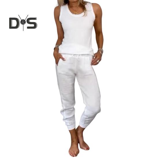 

Женский комплект из 2 предметов: жилет, брюки, безрукавка, U-образный вырез, однотонный, эластичный пояс, ретро-брюки, наряд для поездок на работу и отпуска XXXL белый