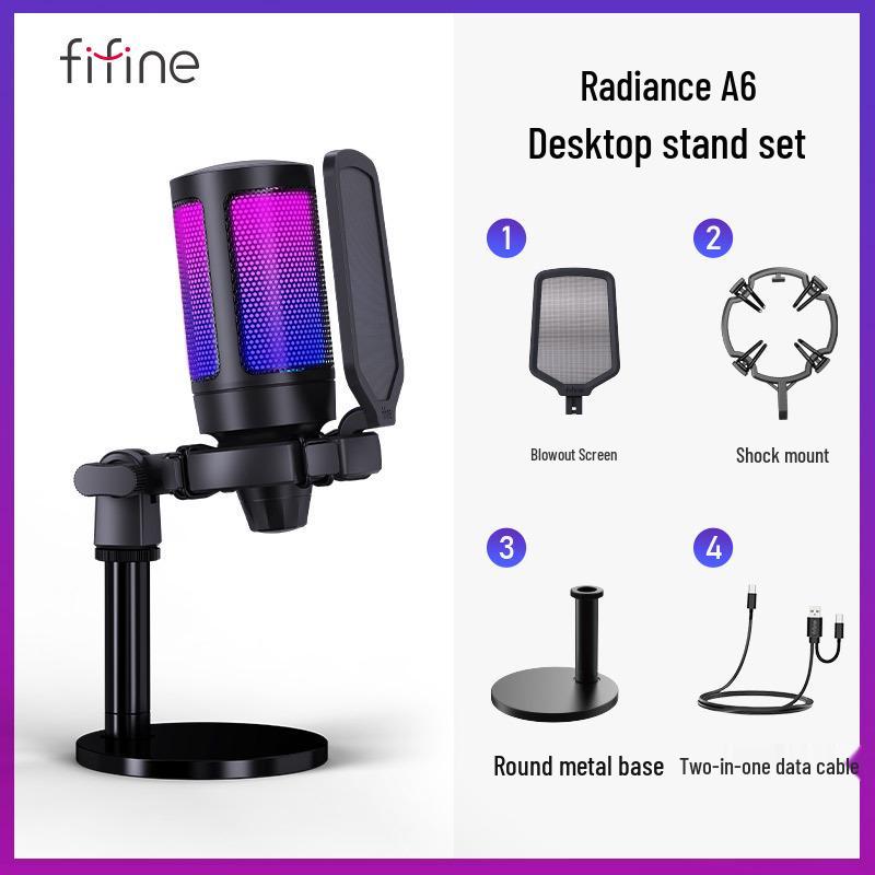 

Микрофон Fifine Aura A6 с RGB-подсветкой для игр, записи, озвучивания и прямых трансляций. Standard Package