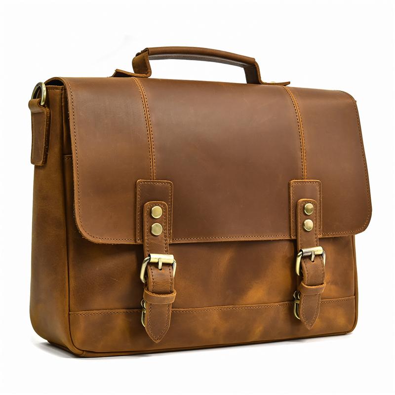 Men Leather Briefcase Bag 14" Computer Laptop Bags Thick Cow Skin Business Bag Vintage Style Men Male Bag Daily Working Totes