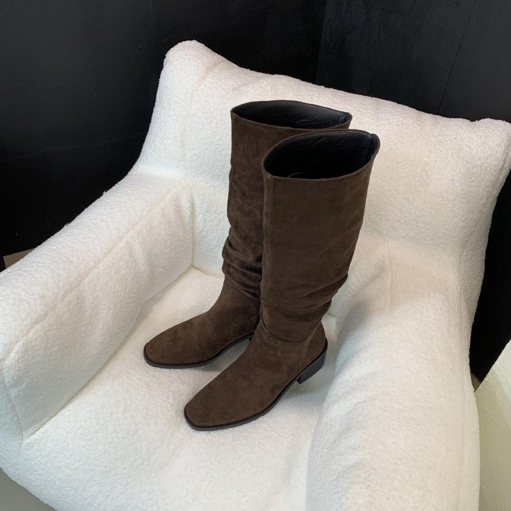 2025 new autumn and winter long tube stacking boots thick heel square head medium tube thin knight boots