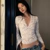 Hirigin Elegant Lace Sheer T-shirt Sexy V Neck Flared Long Sleeve Slim Fit Tees Fairy Coquette Y2K Women Vintage Crop Top Clothe