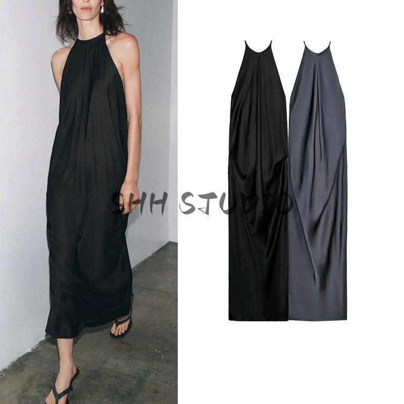 Summer Women's Pleated Decorative Viscose Blended Hanging Collar Silk Satin Texture Sleeveless Dress 3068965