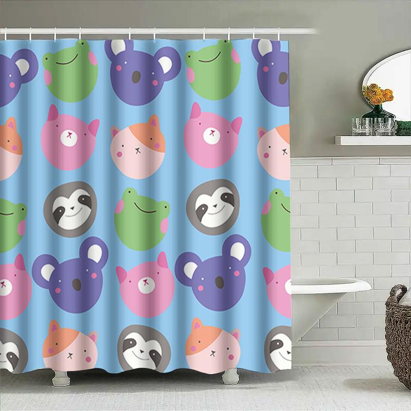 Kawaii Animal Pattern Shower Curtain Bright Colors Decorative Home Bathroom Accessories Blue With Bears Frogs Size: 180Cm X 245C