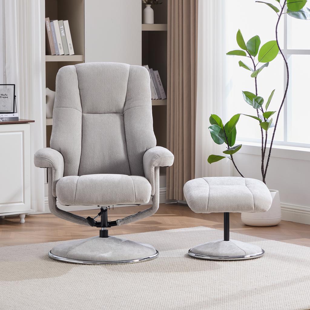 Nordic Multifunctional Swivel Recliner Chair with Stool, Chenille Fabric, Fabric-Covered All-Metal Base – Aesthetic, Reliable.GRAY