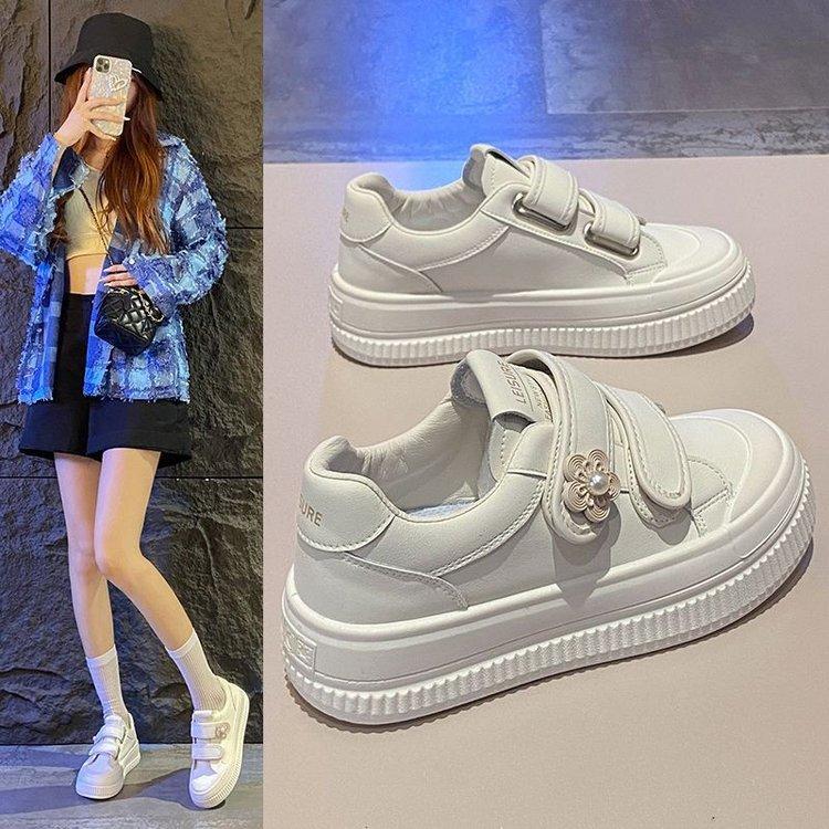 Thick-soled leather surface spring new Velcro flat-soled student shoes casual sports board shoes