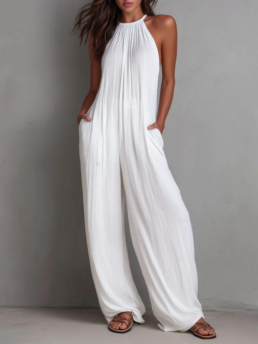 European and American Resort Style White Backless Pleated Wide-leg Jumpsuit for Women S