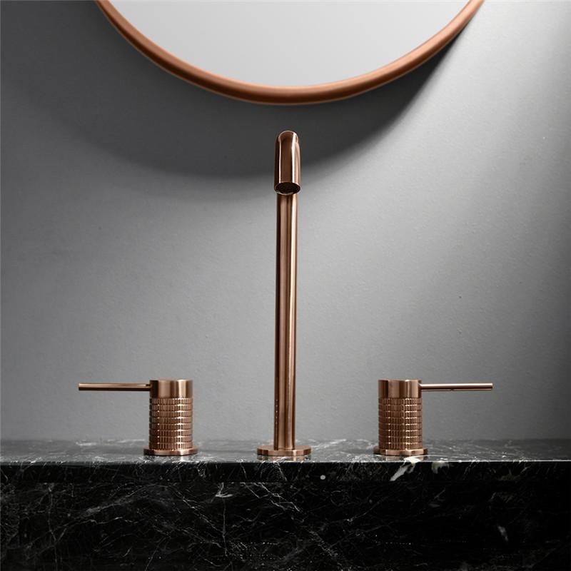 Tuqiu Brushed Gold Bathroom Faucet Widespread Rose Gold Basin Faucet 3 Hole Black Sink Faucet Mixer Gray Hot Gold Water Tap