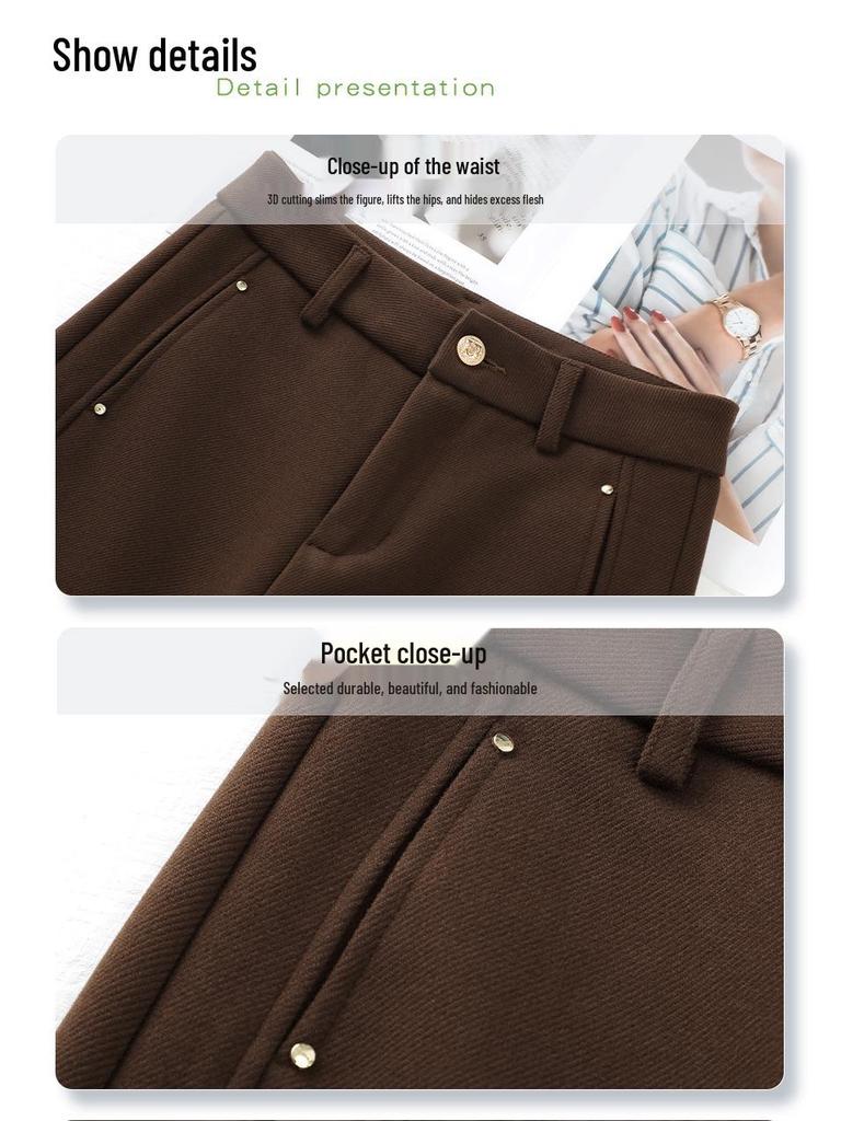 Women's Khaki High-Waisted Wool Wide-Leg Trousers - New 2024 Autumn/Winter Collection