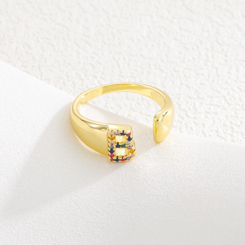 Fashionable Colorful Zircon Alphabet Adjustable Retro Ring