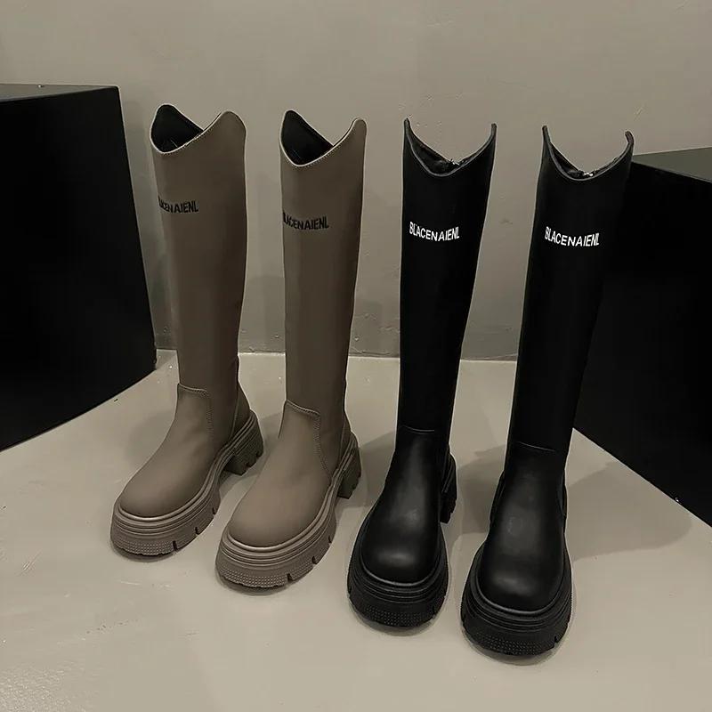 Damen Kniehohe Stiefel Neue Herbst-Winter-Schuhe Frau Lange Stiefel Slip-On Lässig Klobiger Absatz Plateau-Stiefel