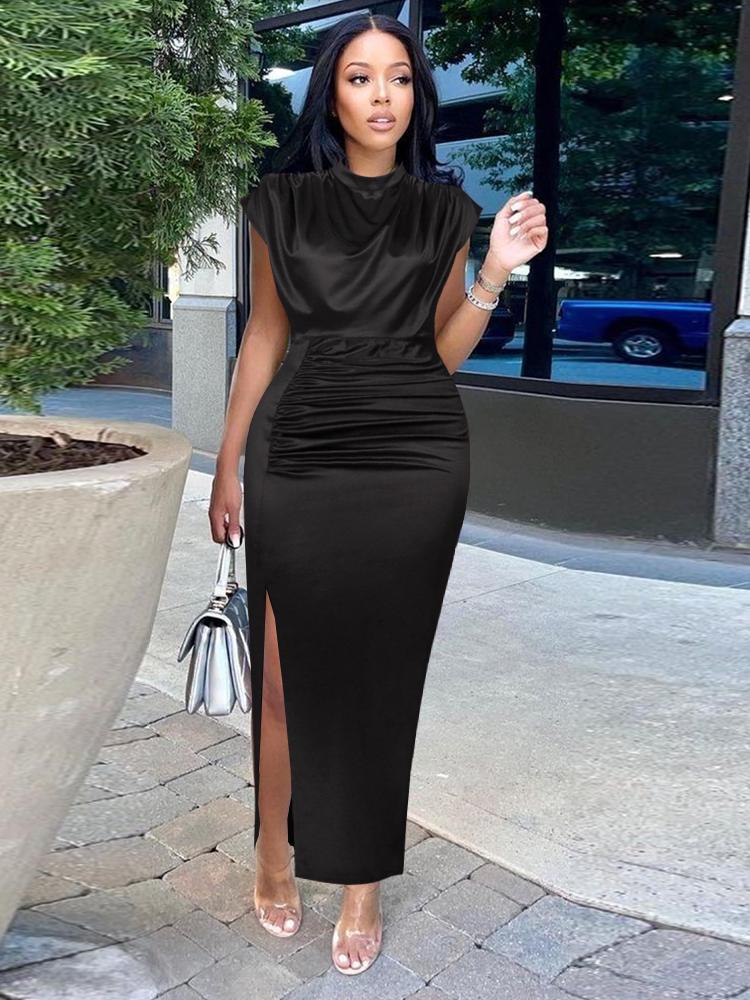 Rochie de dama plisata lunga rosu vin elegant cu fanta guler inalt, slim fit, fara maneci, tinute maxi marime mari, petrecere de seara, rochii stralucitoare