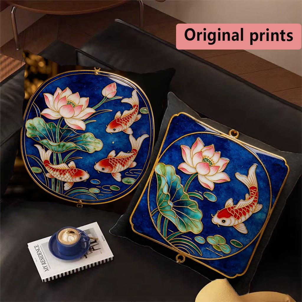 Lotus Koi Fish Enamel Style Throw Pillow Covers Pattern Cushion Cover Suitable For Sofa Bedroom Car Pillow Cover