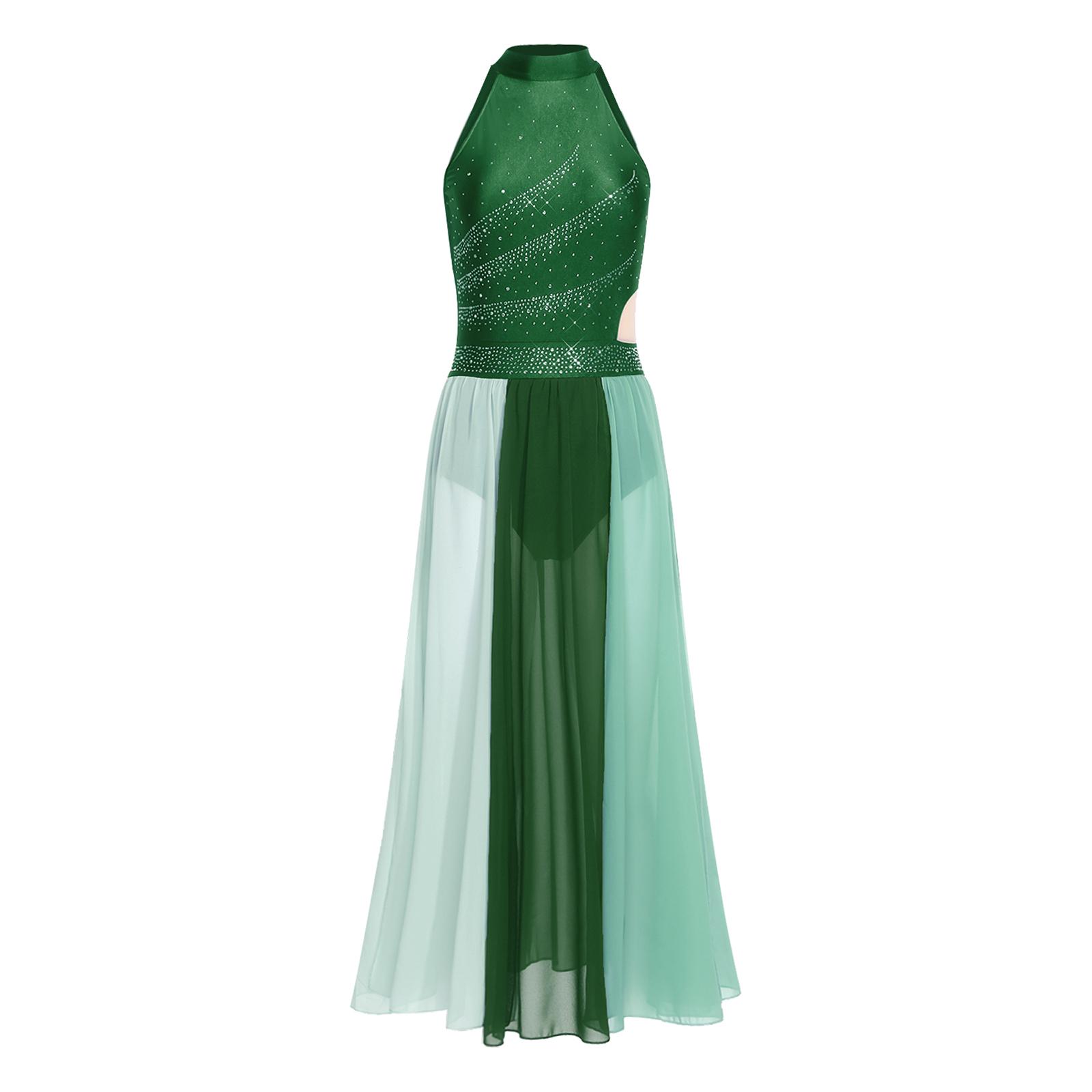 

Womens Lyrical Dance Dress Rhinestone Sleeveless Color Blocking Mesh Slit Hem Leotard Dress S зелений