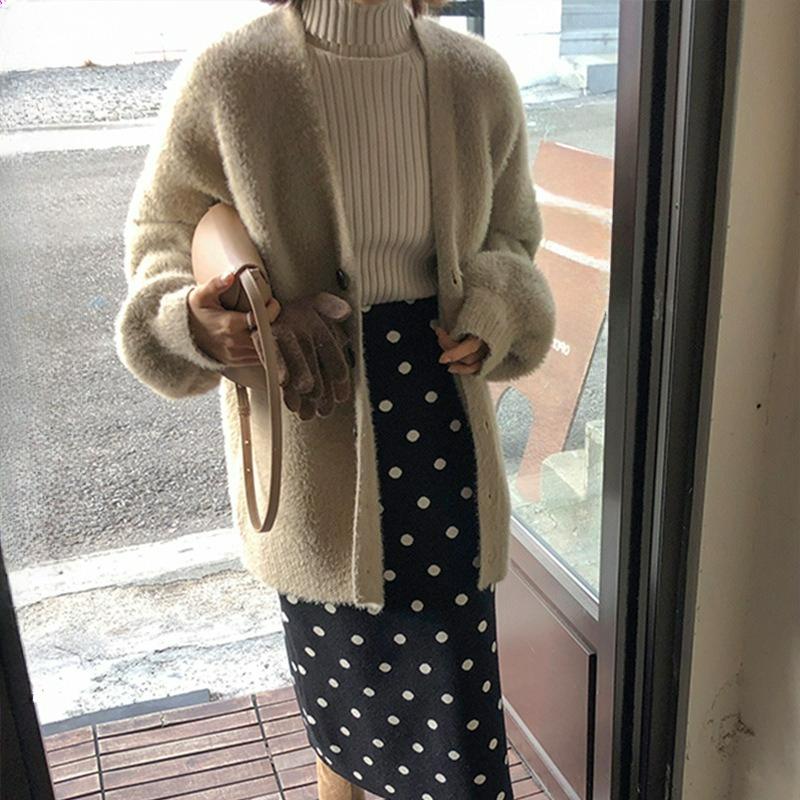 Dámský pletený kardigan z norkového fleecu, podzimní a zimní, silný, volný svetr s lucernovými rukávy