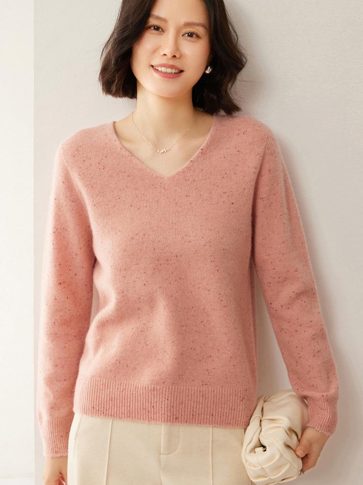 Women's V-Neck Dot Yarn Wool Sweater - Thick, Warm, Versatile Knitwear for Autumn and Winter